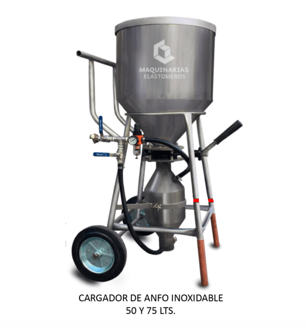 Cargador de ANFO inoxidable tipo Lategan de 50 y 75 litros, marca Kawmaq, diseñado para inyección segura de explosivos.